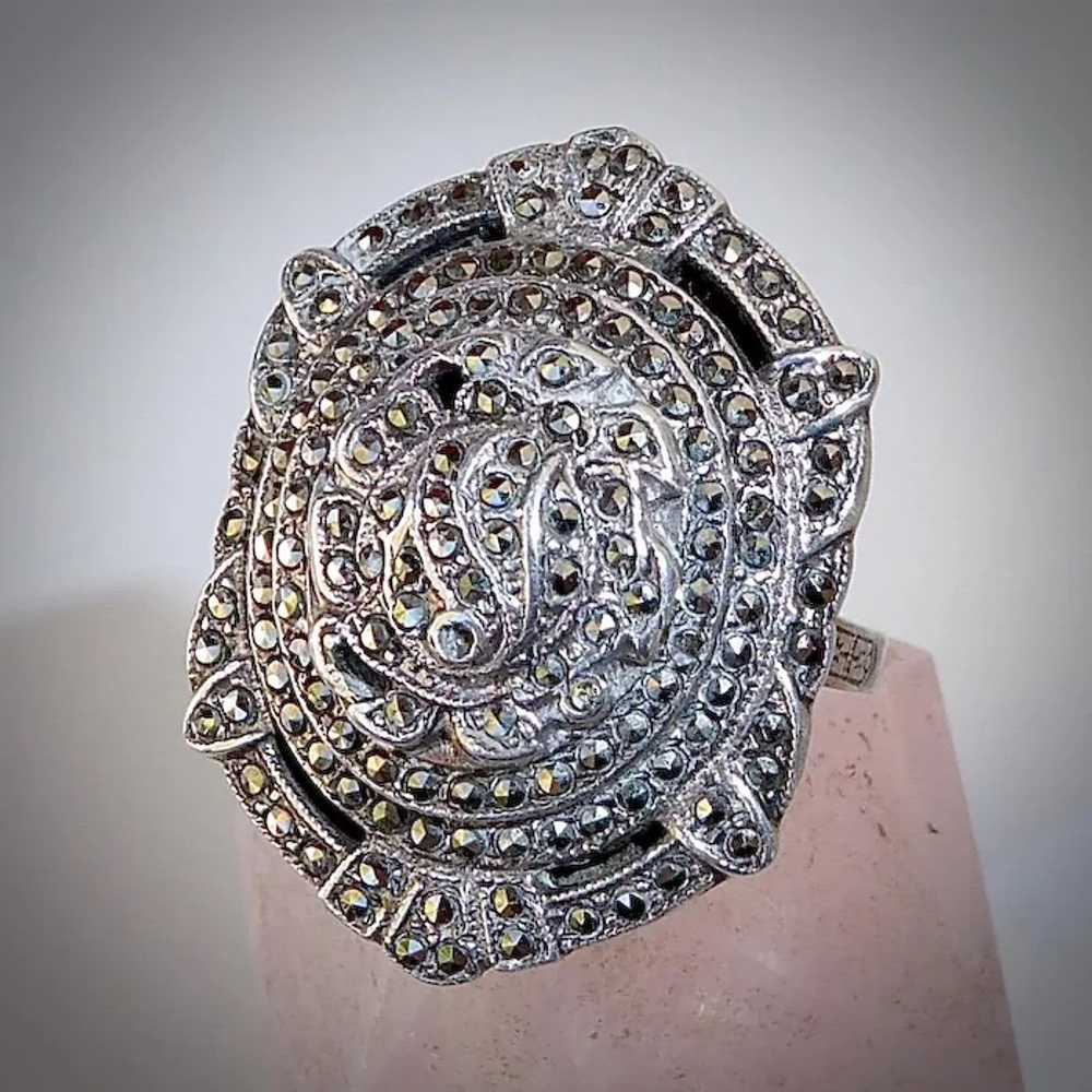 Art Deco Sterling & Marcasite Domed & Layered Ring - image 9