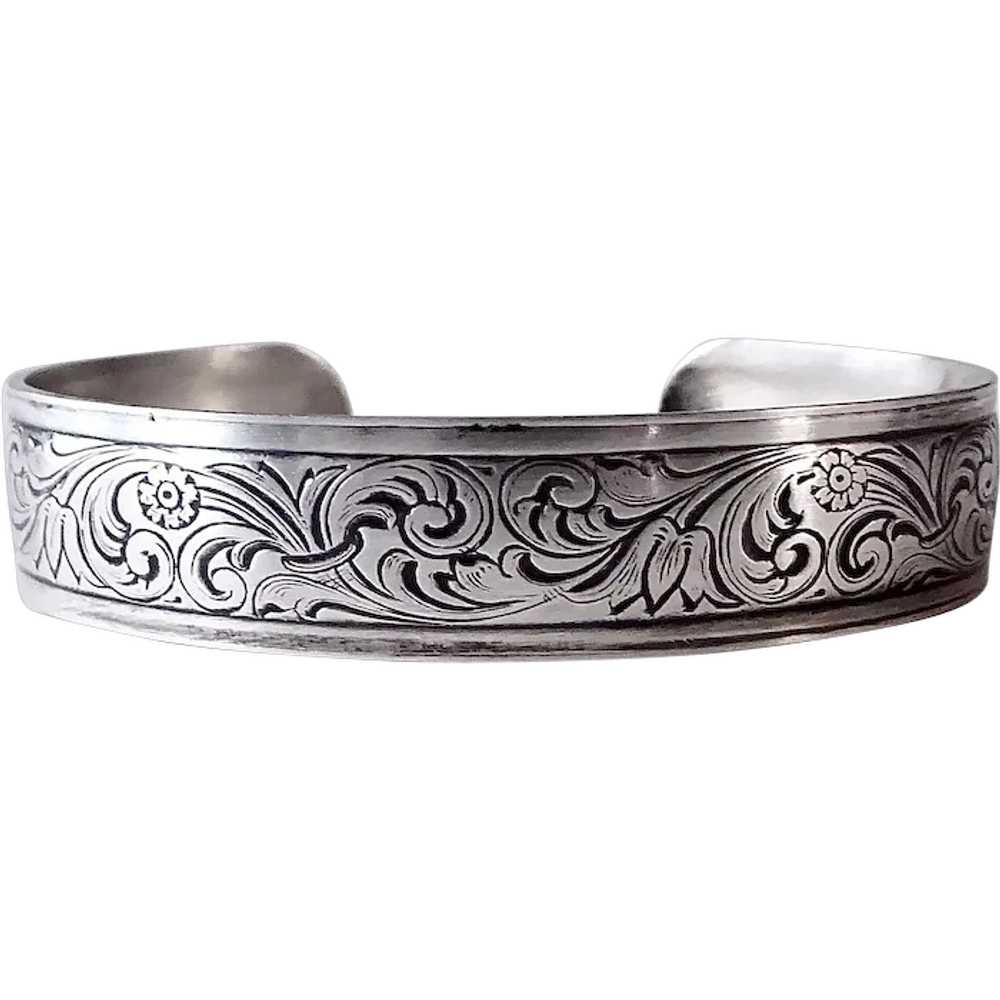 Sterling Silver Floral Patterned Cuff Bracelet - image 1