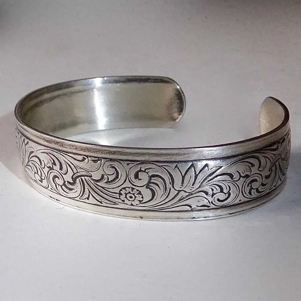 Sterling Silver Floral Patterned Cuff Bracelet - image 2