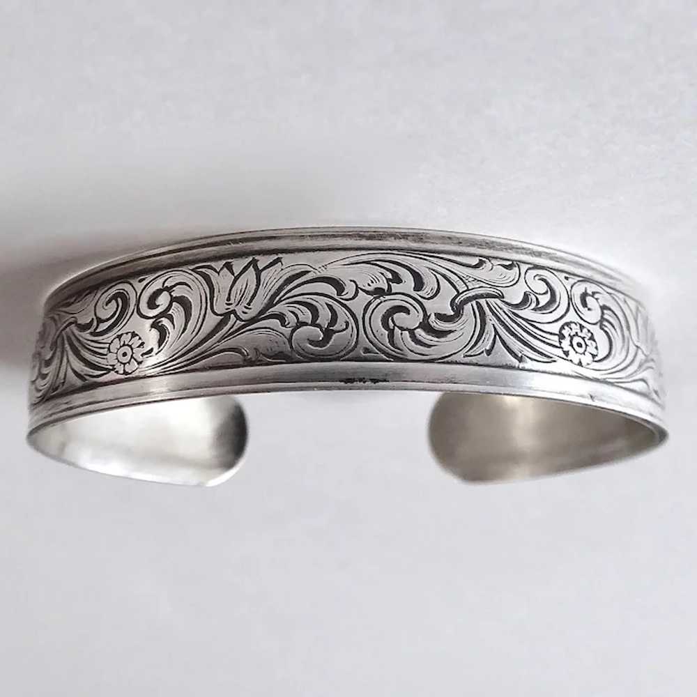 Sterling Silver Floral Patterned Cuff Bracelet - image 5