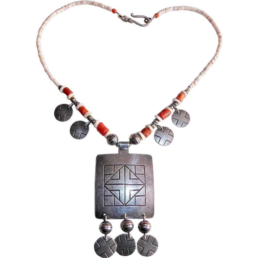 Ethnic Sterling Pendant Necklace w Coral & Shell … - image 1