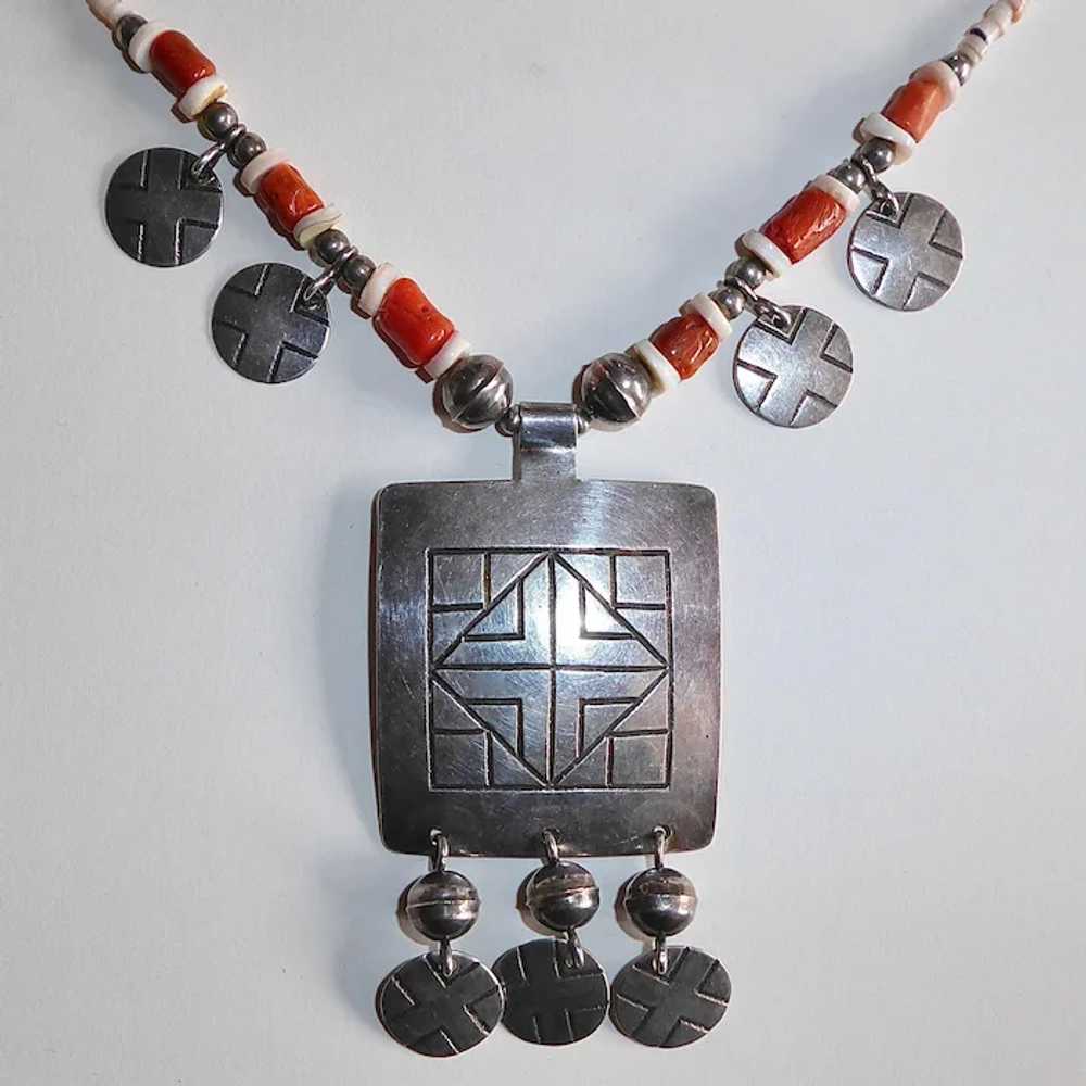 Ethnic Sterling Pendant Necklace w Coral & Shell … - image 2