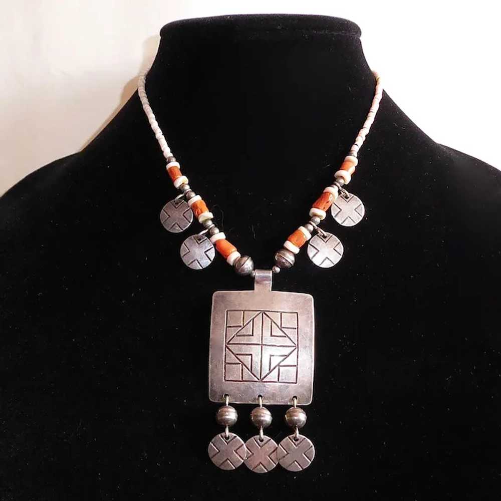 Ethnic Sterling Pendant Necklace w Coral & Shell … - image 3