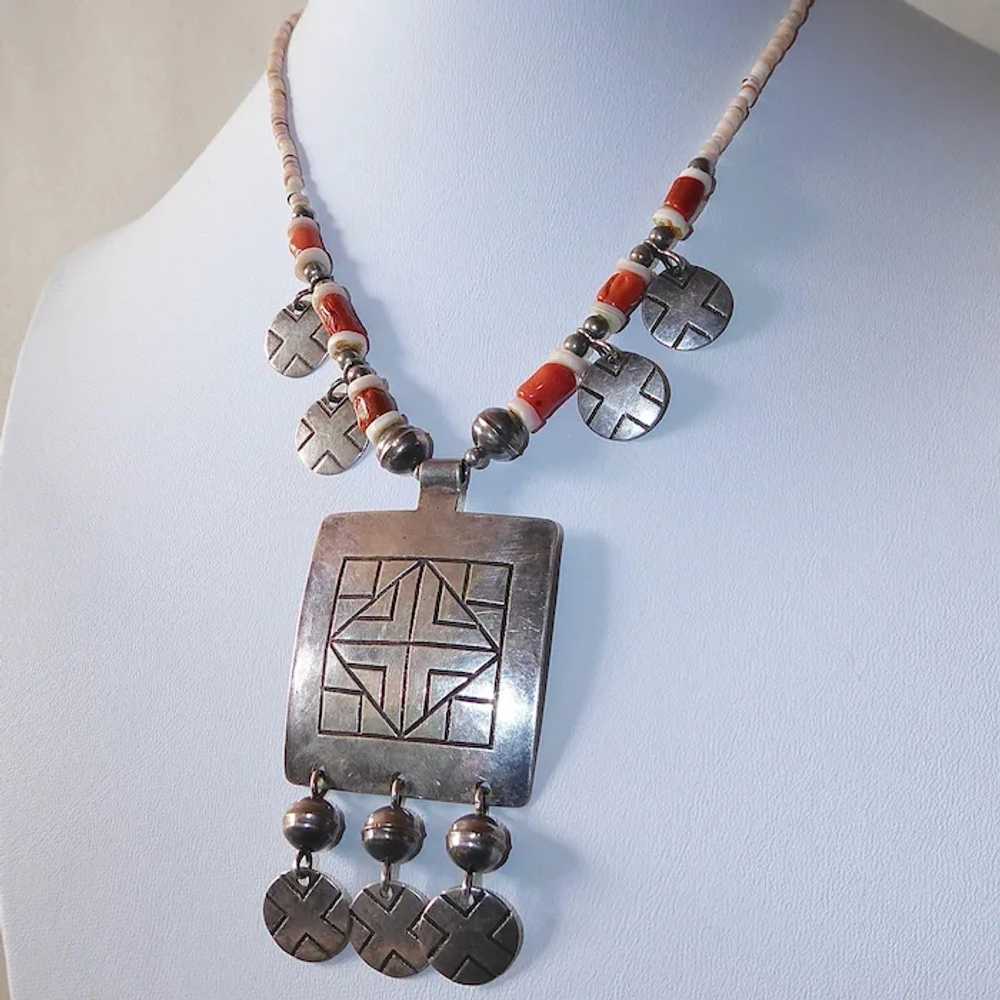 Ethnic Sterling Pendant Necklace w Coral & Shell … - image 4