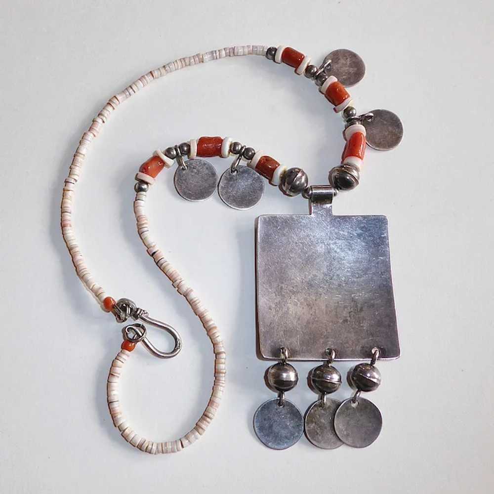 Ethnic Sterling Pendant Necklace w Coral & Shell … - image 6