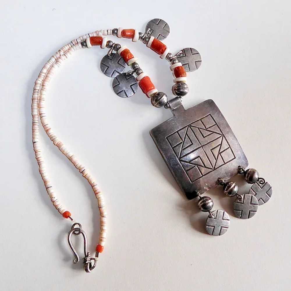 Ethnic Sterling Pendant Necklace w Coral & Shell … - image 8