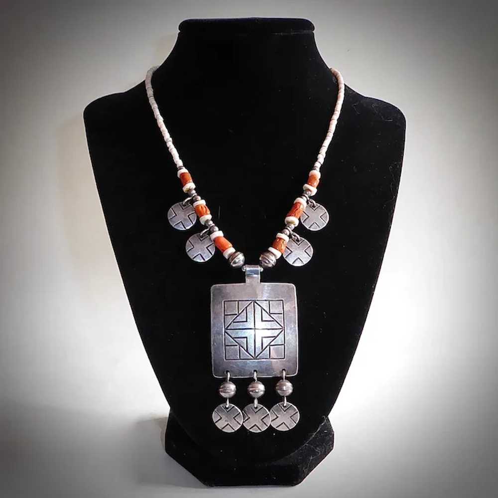 Ethnic Sterling Pendant Necklace w Coral & Shell … - image 9