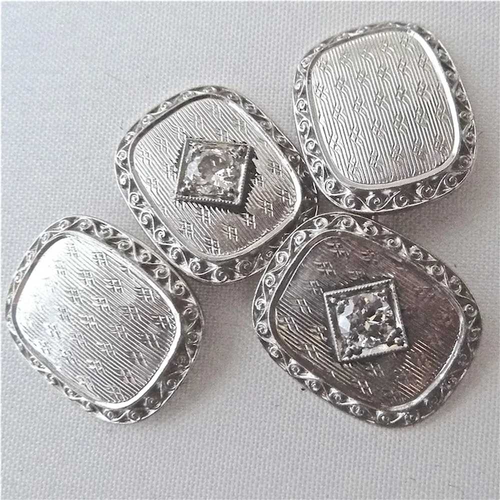 14k White Gold Art Deco Diamond Cufflinks - image 2