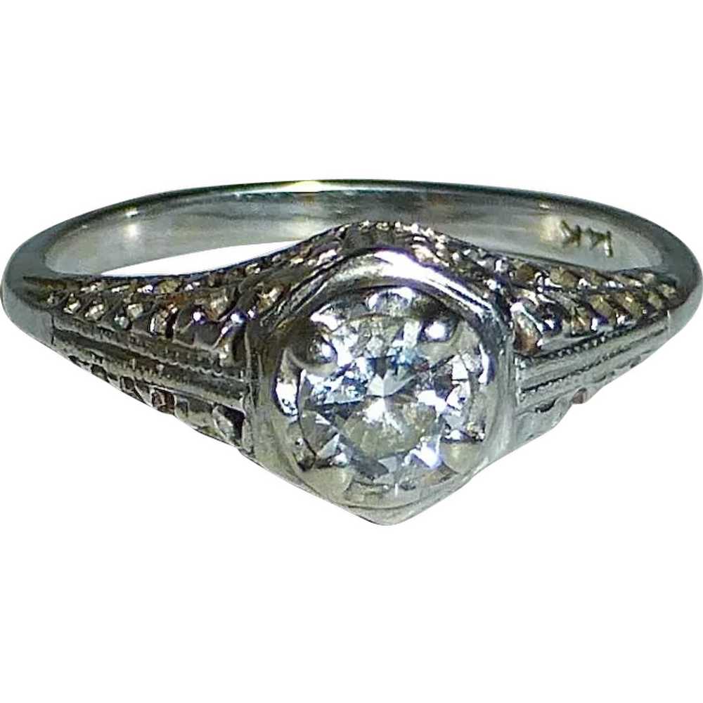 Art Deco 14k White Gold Filigree Diamond Ring - image 1