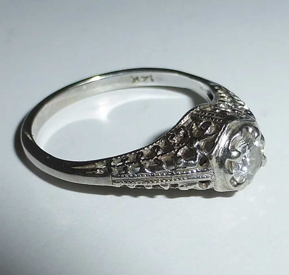 Art Deco 14k White Gold Filigree Diamond Ring - image 3