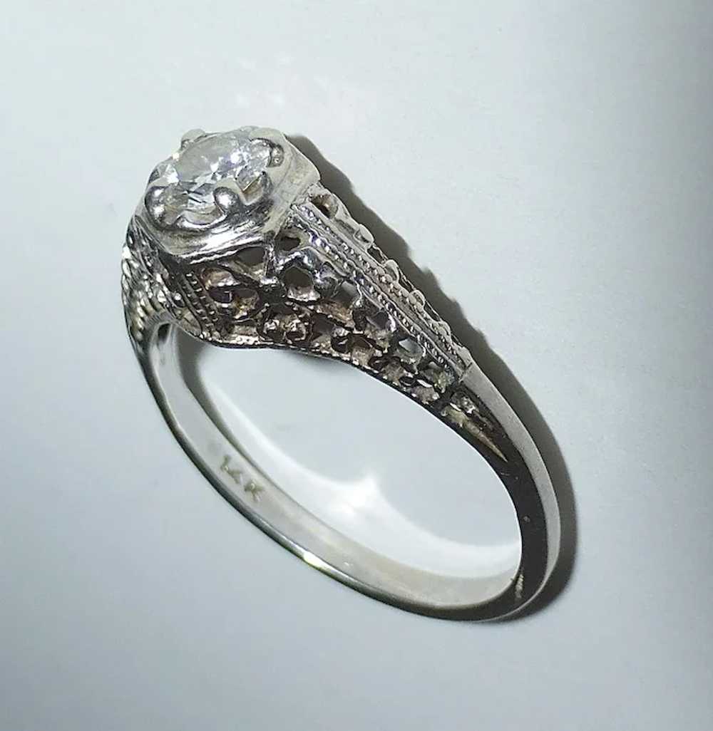 Art Deco 14k White Gold Filigree Diamond Ring - image 4