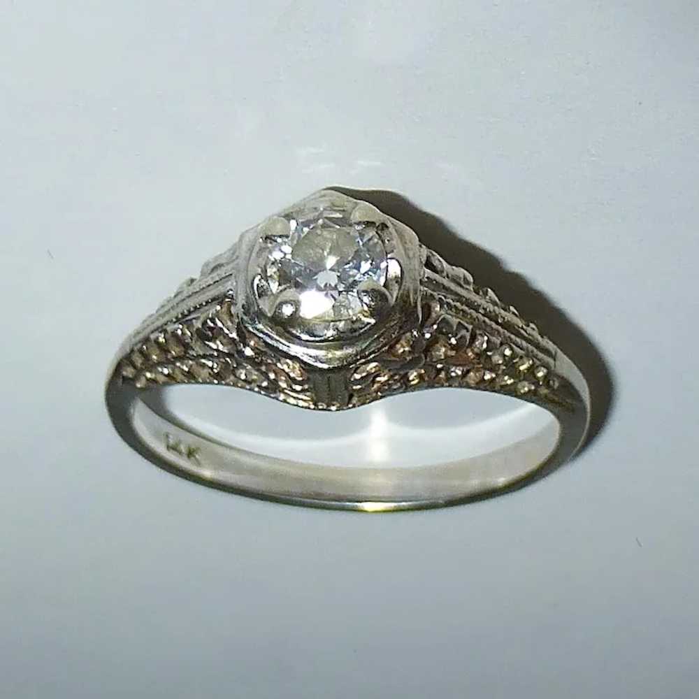Art Deco 14k White Gold Filigree Diamond Ring - image 5