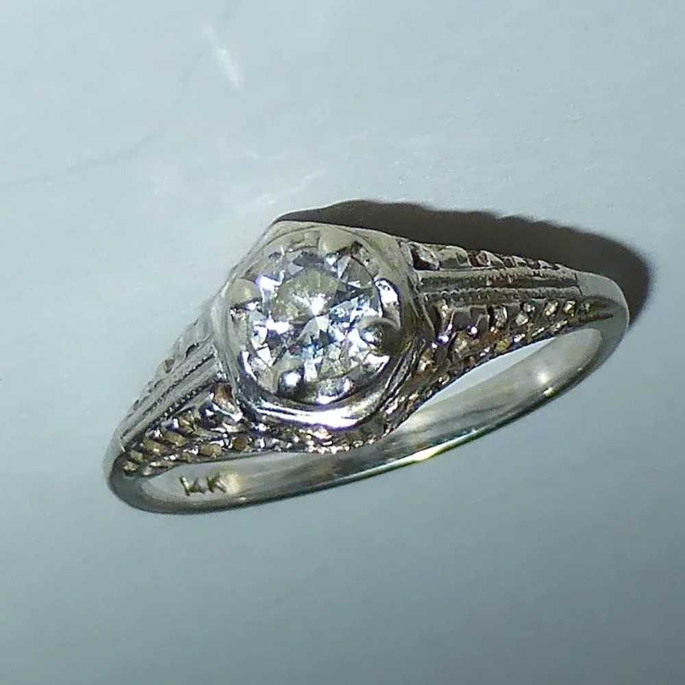 Art Deco 14k White Gold Filigree Diamond Ring - image 9