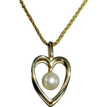 Jeweled Vintage Heart Charm 14K Gold Ruby and Cultured Pearl