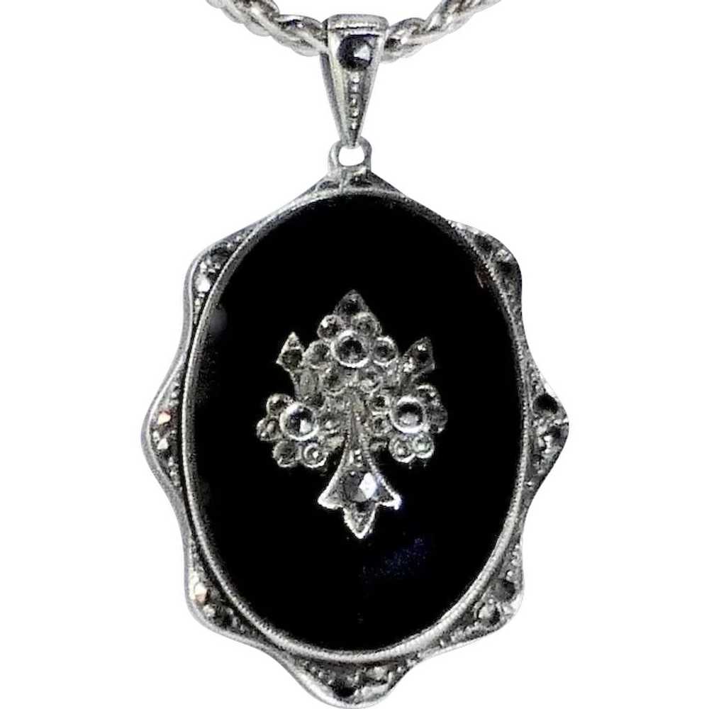 Art Deco Sterling Onyx Marcasite Pendant Necklace… - image 1