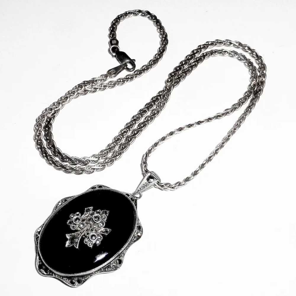 Art Deco Sterling Onyx Marcasite Pendant Necklace… - image 2