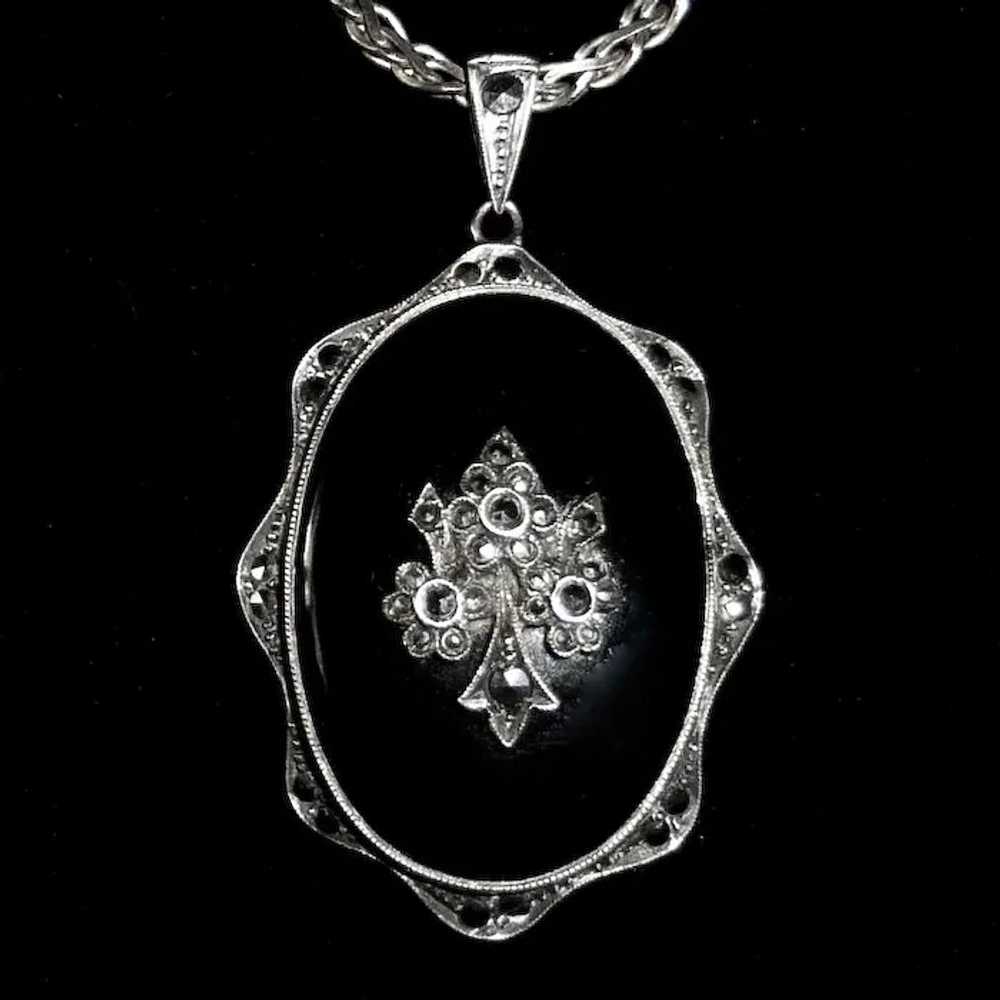Art Deco Sterling Onyx Marcasite Pendant Necklace… - image 3