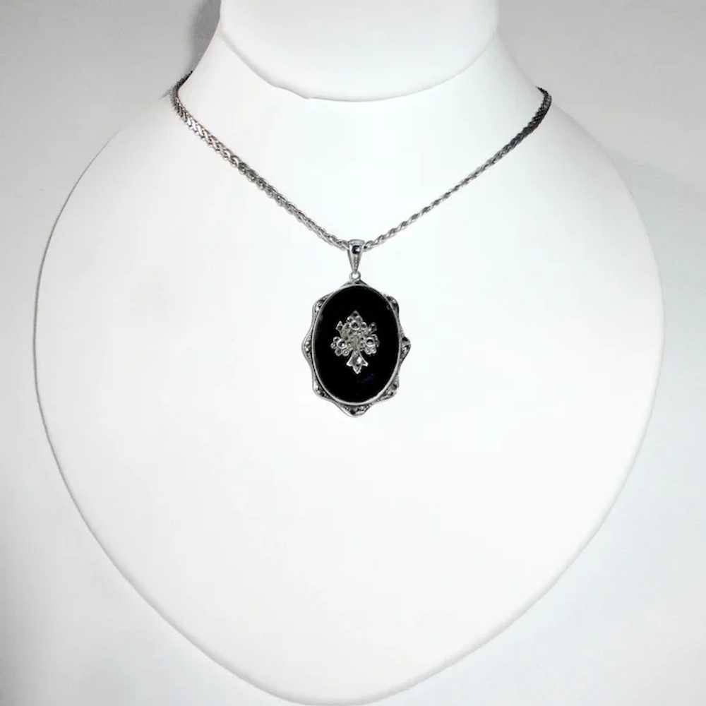 Art Deco Sterling Onyx Marcasite Pendant Necklace… - image 4