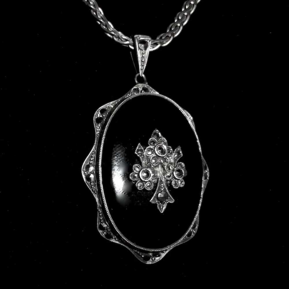 Art Deco Sterling Onyx Marcasite Pendant Necklace… - image 5