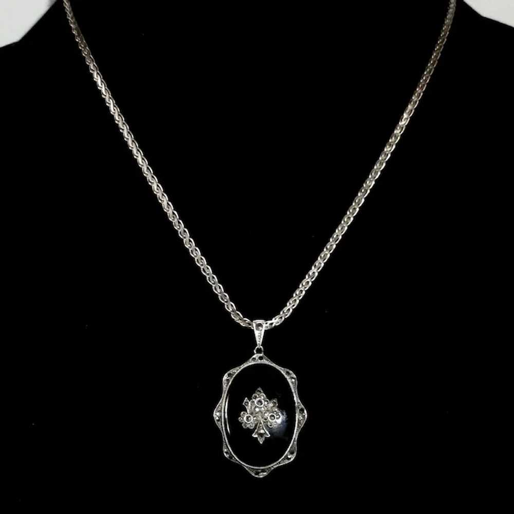 Art Deco Sterling Onyx Marcasite Pendant Necklace… - image 8