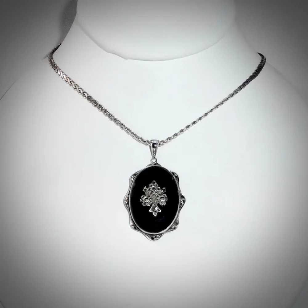 Art Deco Sterling Onyx Marcasite Pendant Necklace… - image 9