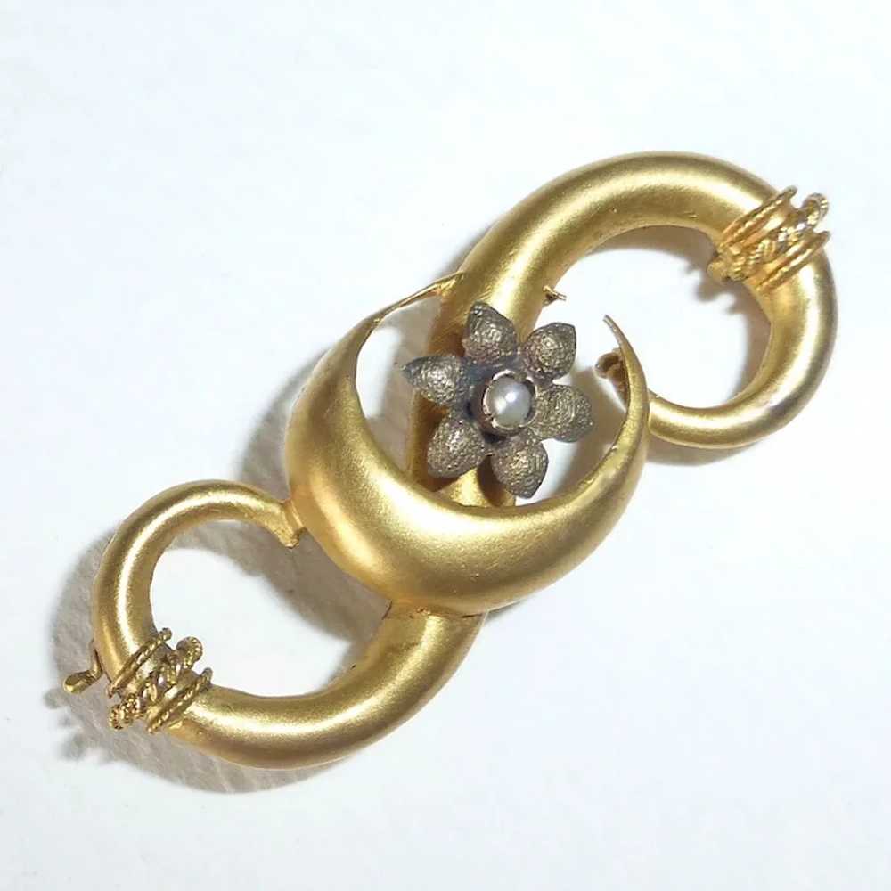 18k Victorian Pin Crescent Moon & Flower Pearl - image 2