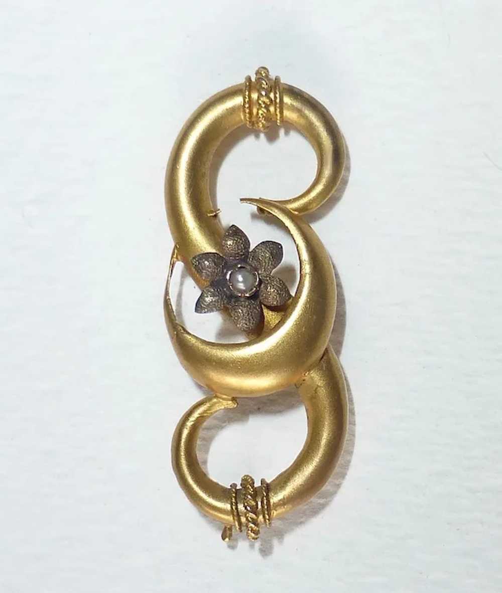 18k Victorian Pin Crescent Moon & Flower Pearl - image 4