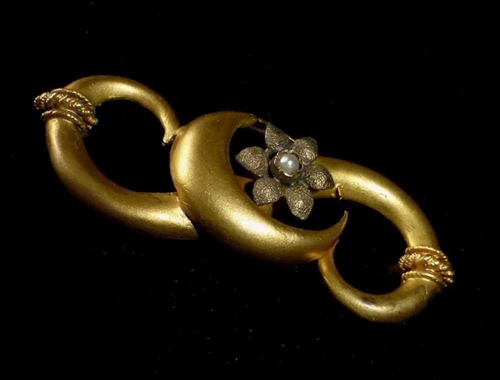 18k Victorian Pin Crescent Moon & Flower Pearl - image 5