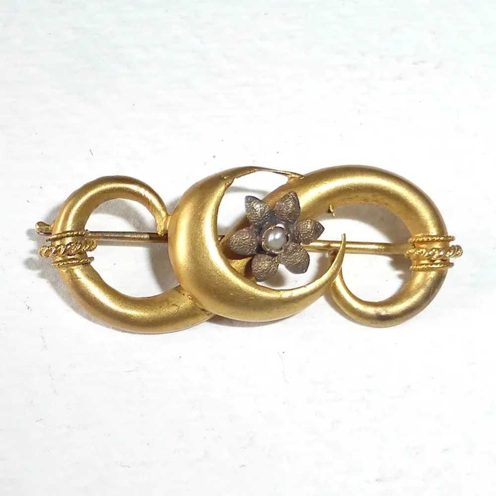 18k Victorian Pin Crescent Moon & Flower Pearl - image 6