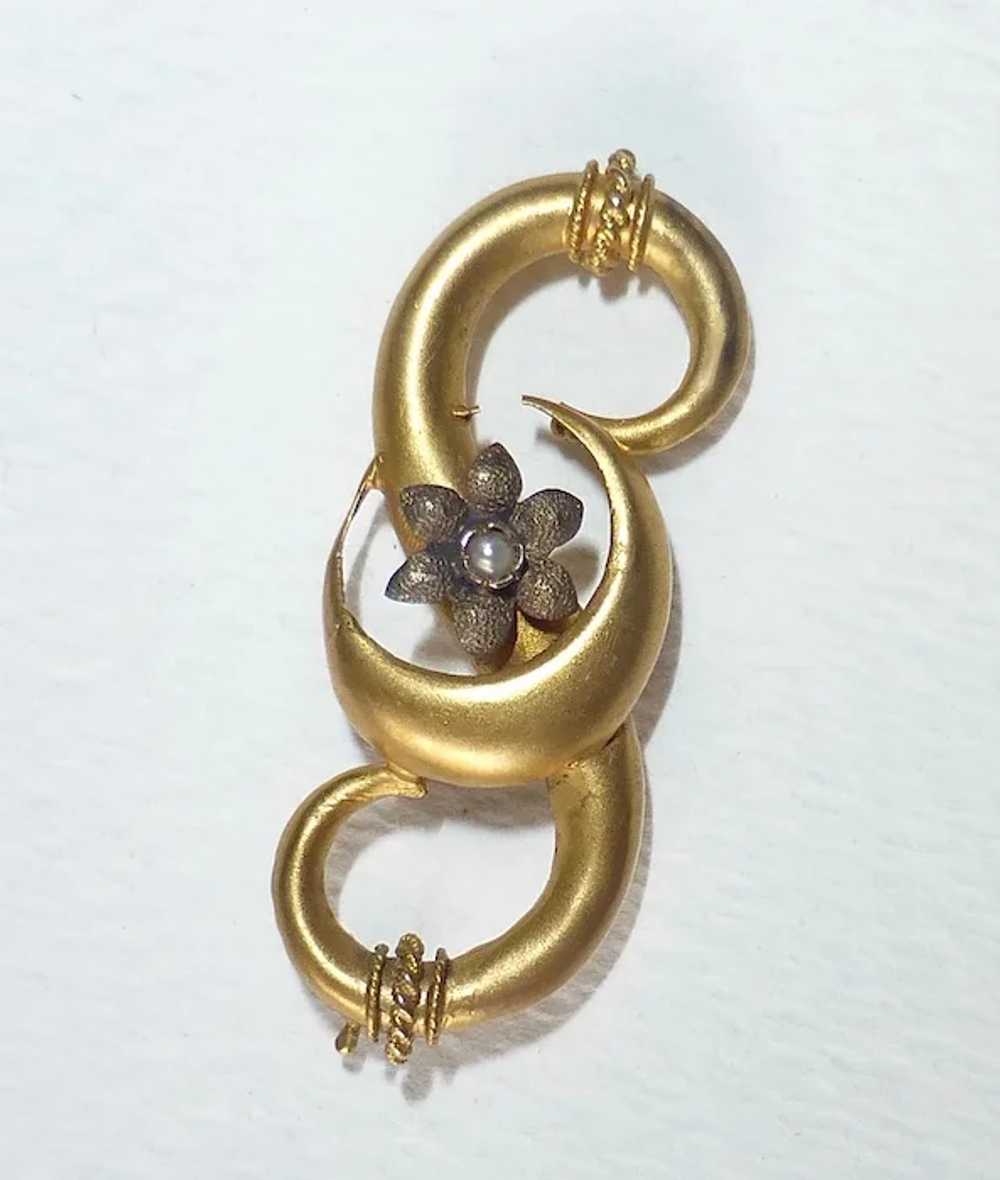 18k Victorian Pin Crescent Moon & Flower Pearl - image 8
