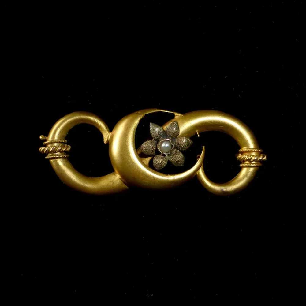 18k Victorian Pin Crescent Moon & Flower Pearl - image 9