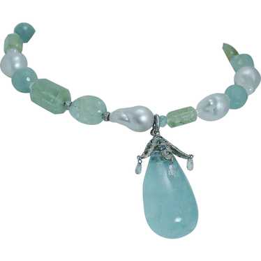 Aquamarine Necklace Diamond Baroque Pearl Choker … - image 1