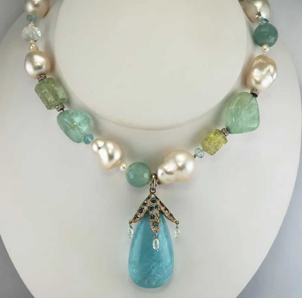 Aquamarine Necklace Diamond Baroque Pearl Choker … - image 6
