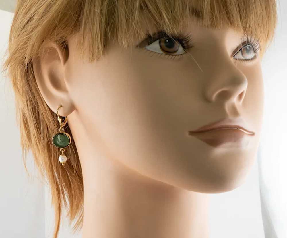 Cherub Angel Cameo Pearl Earrings Green Lava 18K … - image 3