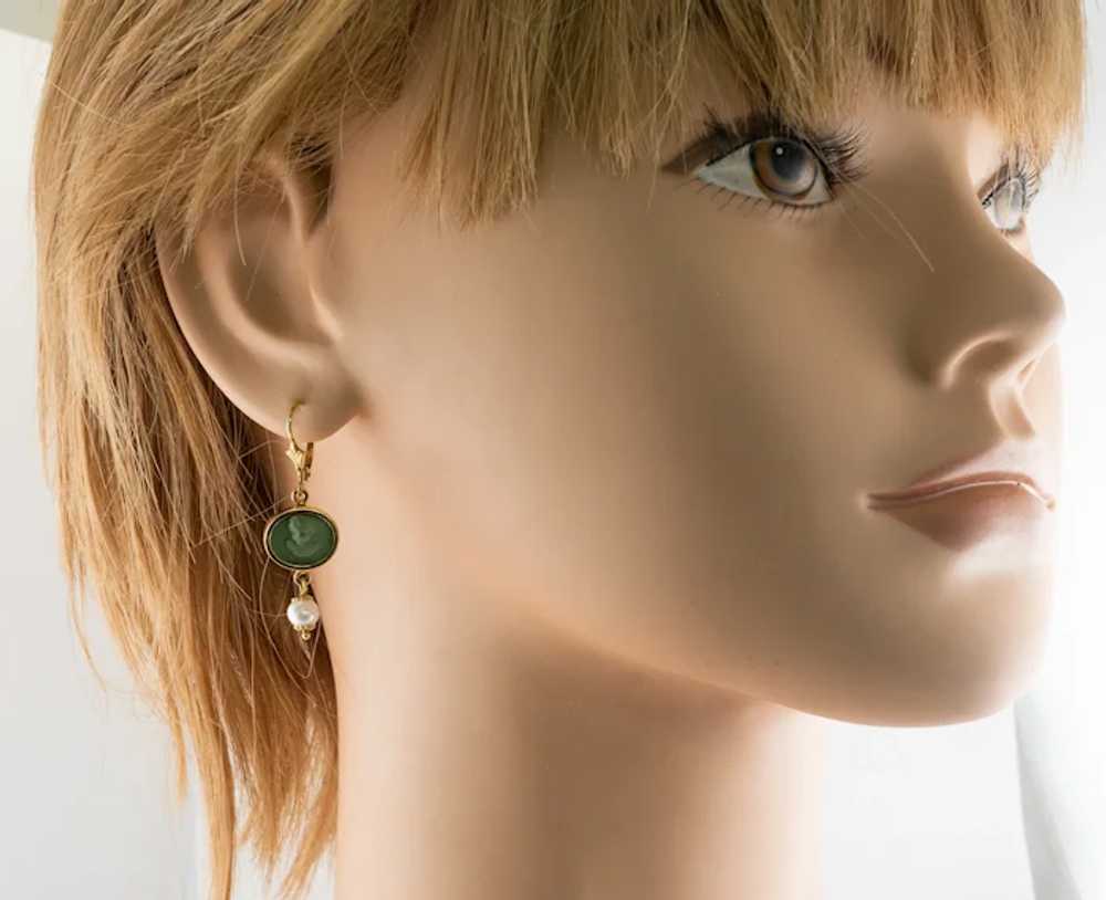 Cherub Angel Cameo Pearl Earrings Green Lava 18K … - image 6