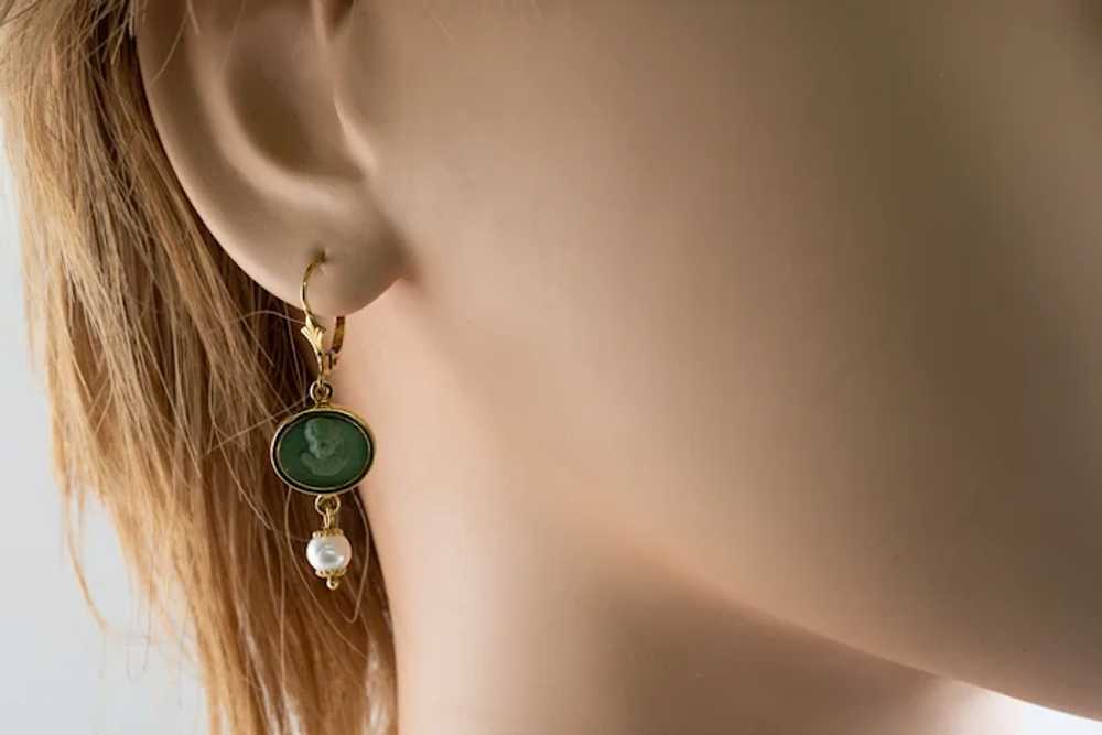 Cherub Angel Cameo Pearl Earrings Green Lava 18K … - image 8
