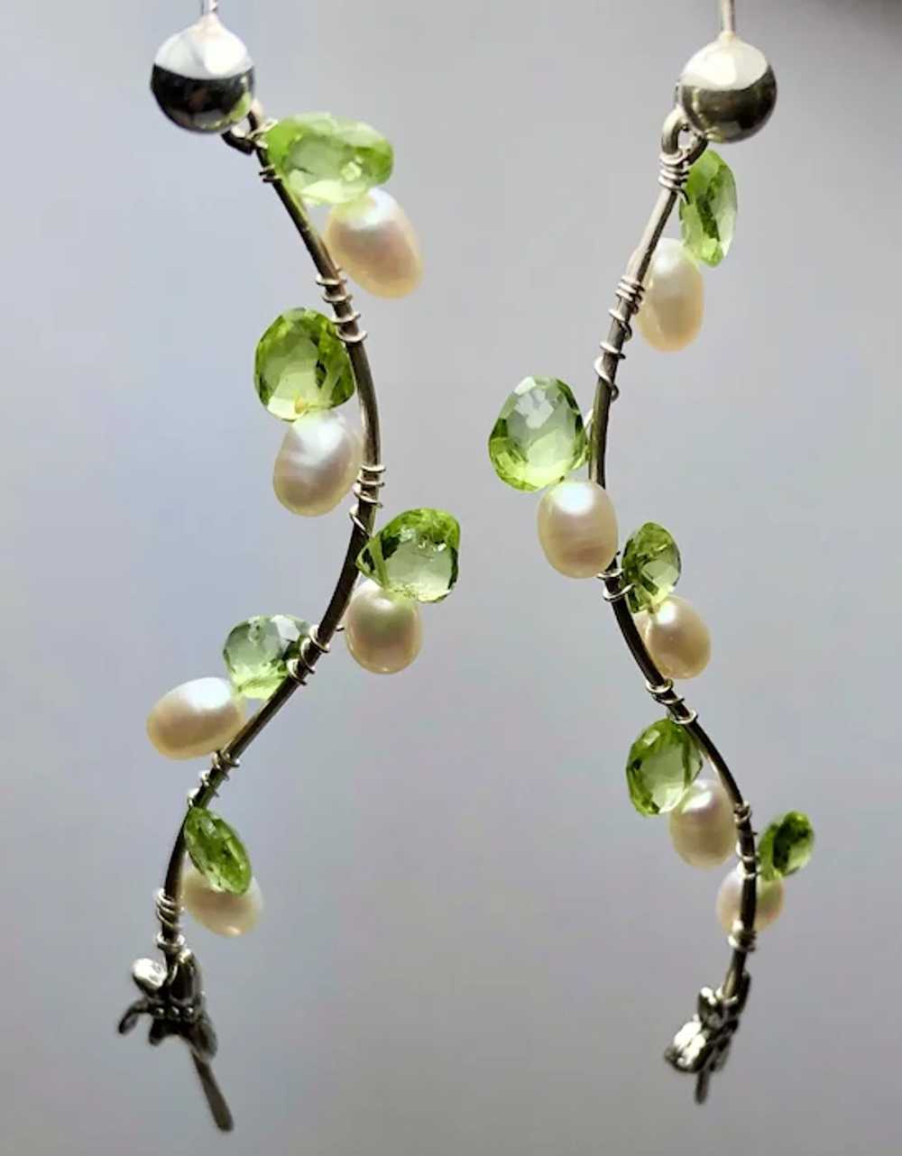 Gem Peridot White Pearl Silver Twig Vine drop Ear… - image 2
