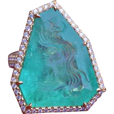 Russian Intaglio Emerald in 18 Karat Yellow Gold … - image 1