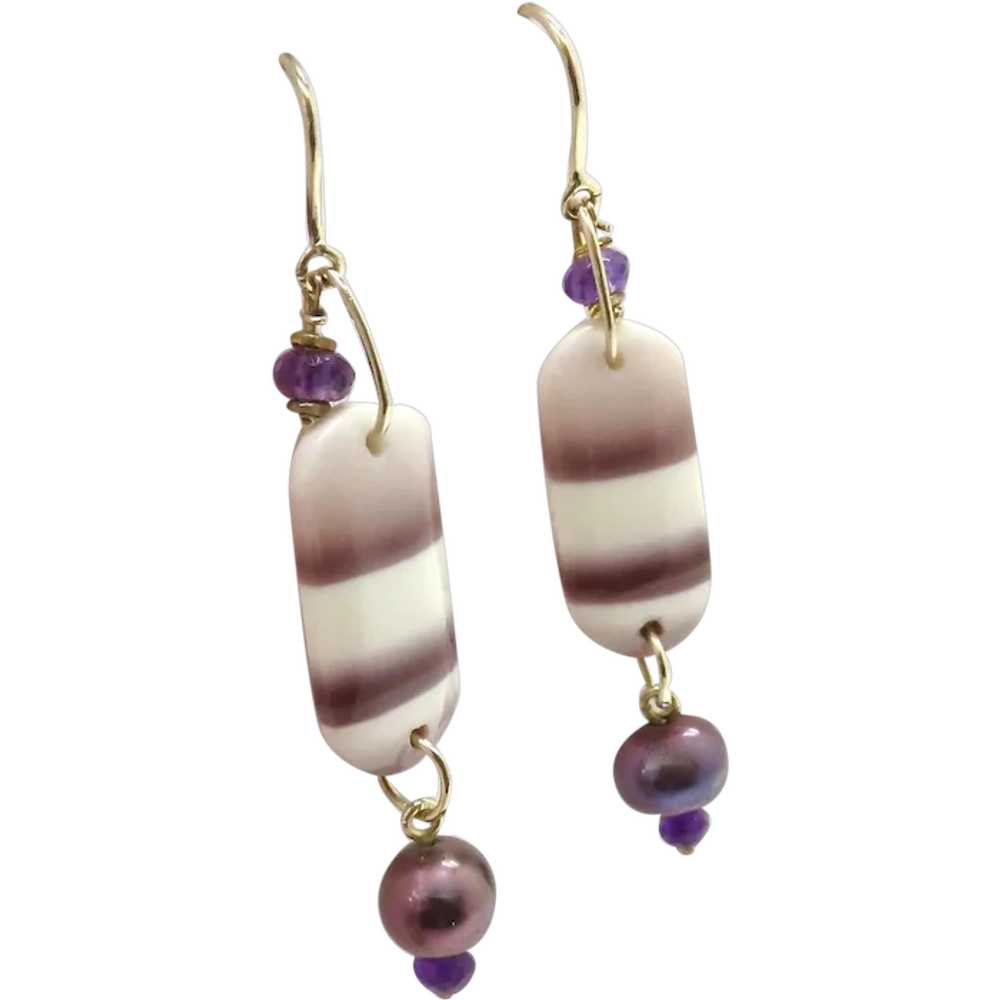 Imperial Jasper, Amethyst and Pearl Drop Earrings - image 1