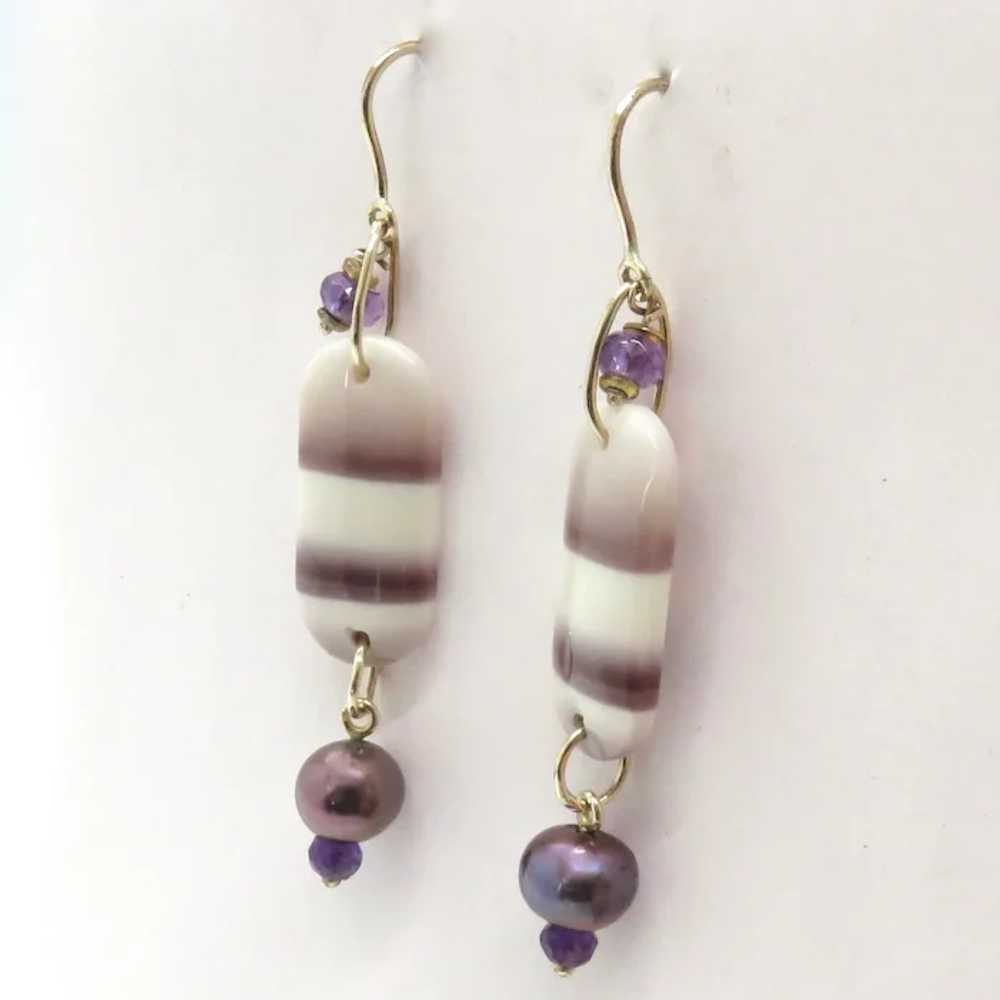 Imperial Jasper, Amethyst and Pearl Drop Earrings - image 2