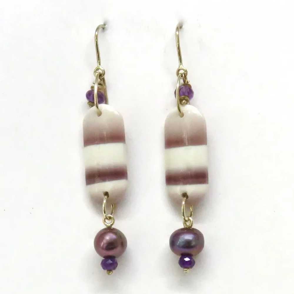 Imperial Jasper, Amethyst and Pearl Drop Earrings - image 3