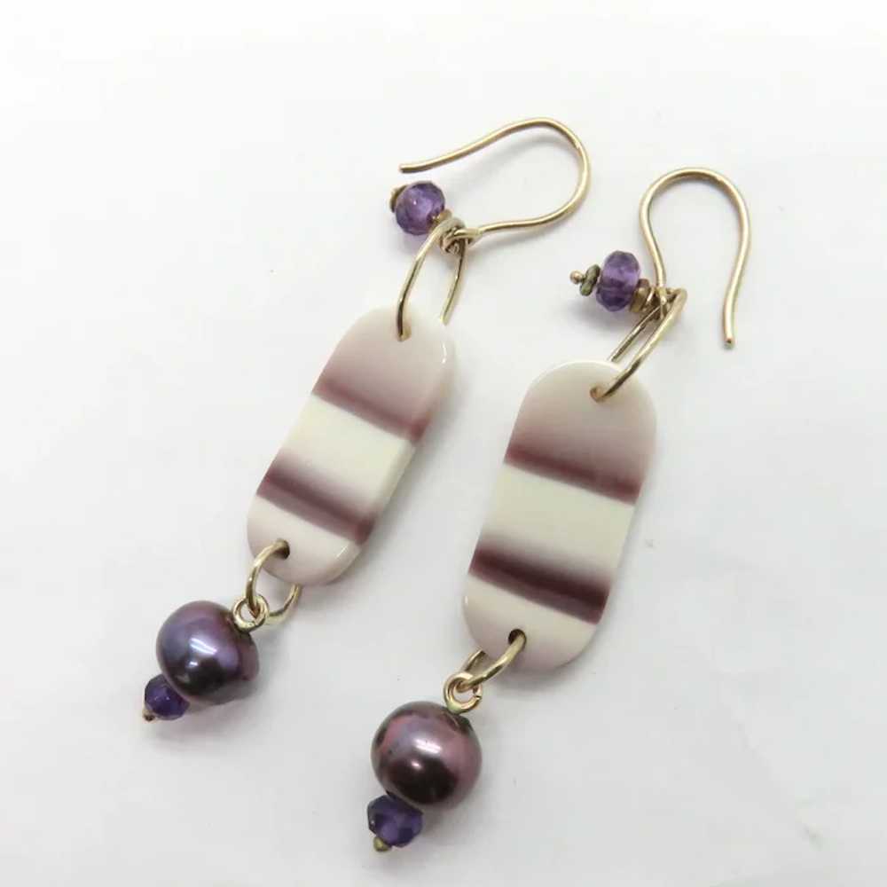 Imperial Jasper, Amethyst and Pearl Drop Earrings - image 4