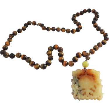 Tiger Eye Beads with Large Hardstone Carved Pendan