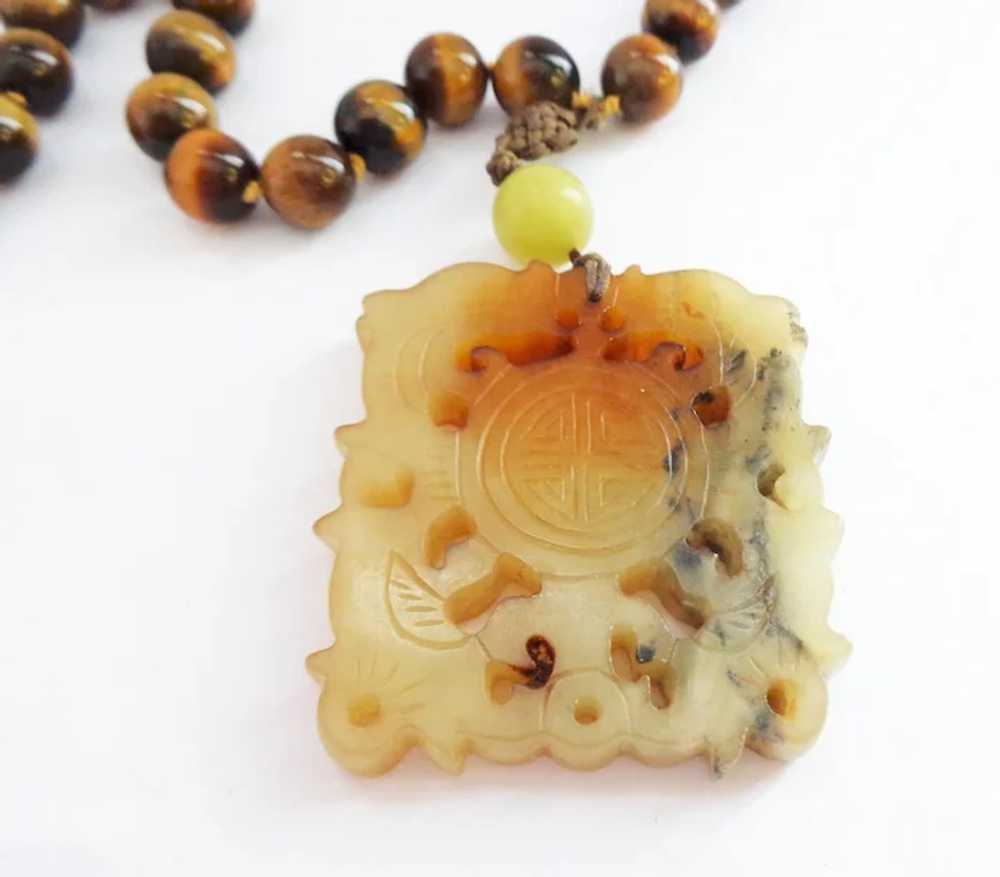 Tiger Eye Beads with Large Hardstone Carved Penda… - image 3