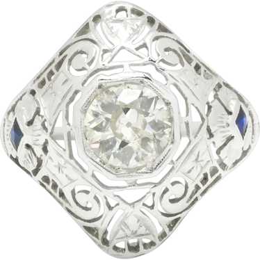 Art Deco Old Mine Cut Diamond Ring with Sapphires… - image 1