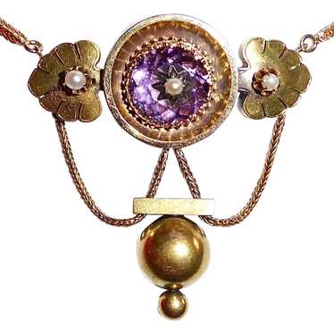 14k & 18k Victorian Festoon Necklace w Amethyst &… - image 1