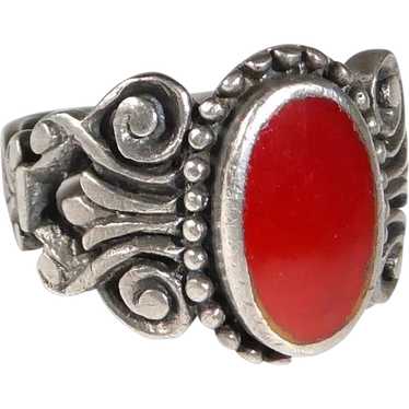 Sterling & Carnelian Cigar Band Ring w Carved Fil… - image 1