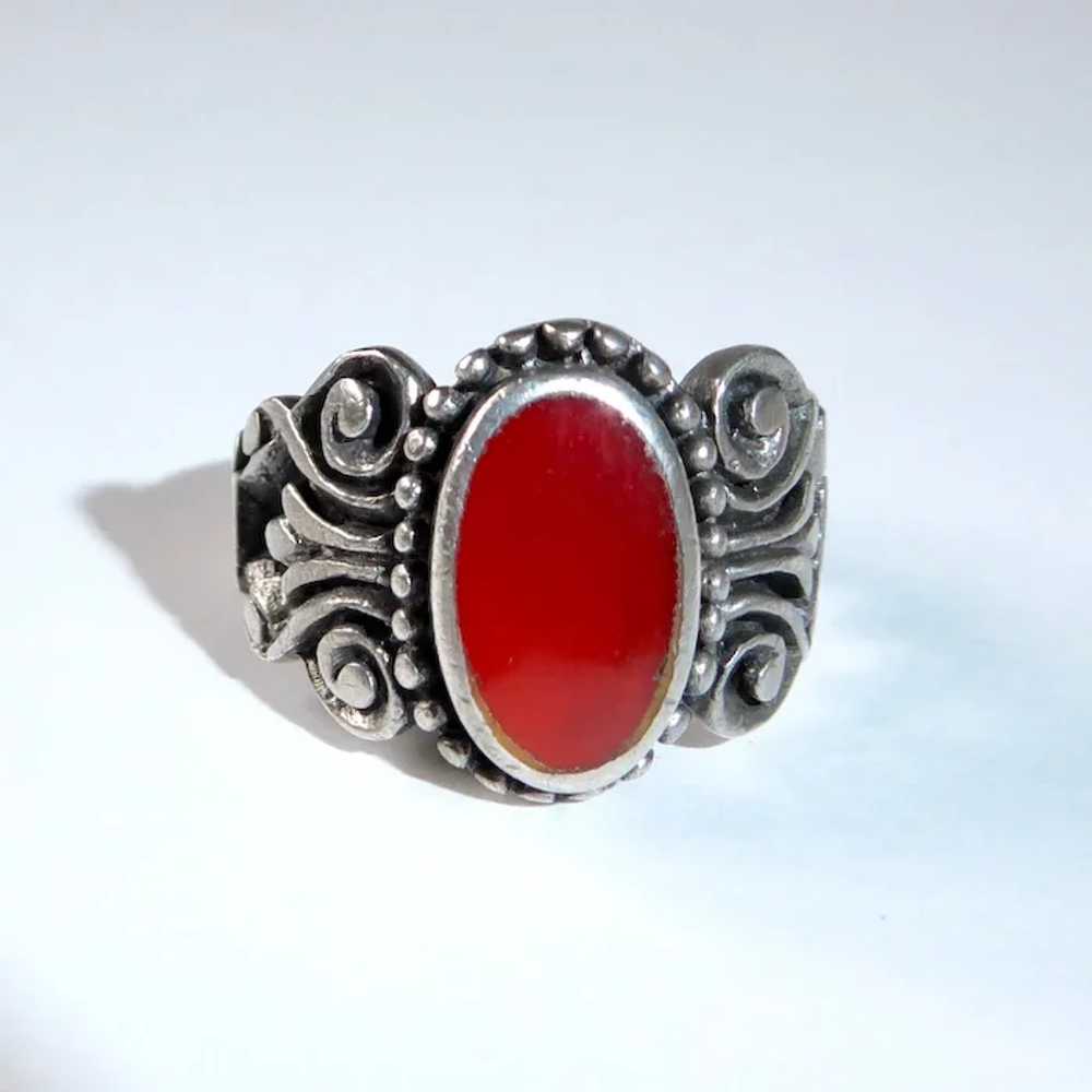 Sterling & Carnelian Cigar Band Ring w Carved Fil… - image 2