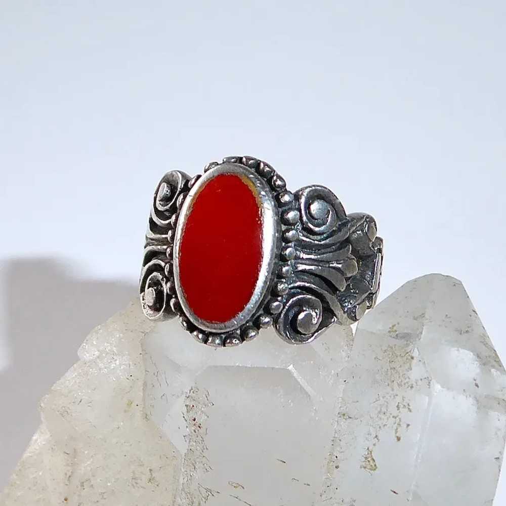 Sterling & Carnelian Cigar Band Ring w Carved Fil… - image 3