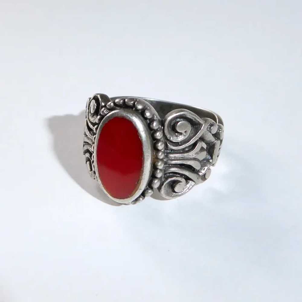 Sterling & Carnelian Cigar Band Ring w Carved Fil… - image 4